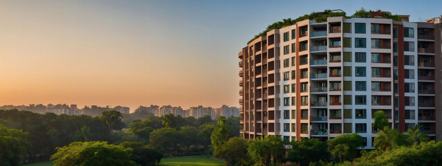 At sunrise, a residential complex stands peacefully in the heart of a verdant public green park.