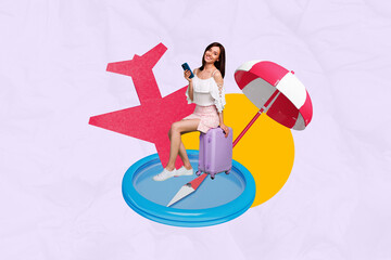 Composite photo collage of happy girl sit suitcase compass hold iphone booking airplane flight umbrella trip isolated on painted background
