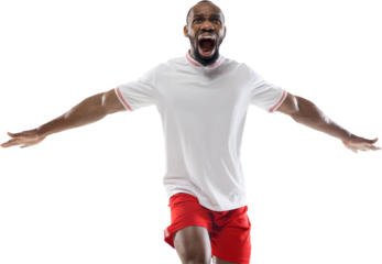 Emotional African-American man, soccer player expressing emotions of win, shouting isolated on transparent background. Concept of sport, competition, tournament, hobby, active lifestyle