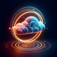 Obraz premium AI Generate of Abstract 3D Cloud Illuminated and Round Neon Light, in Dark Black Background.