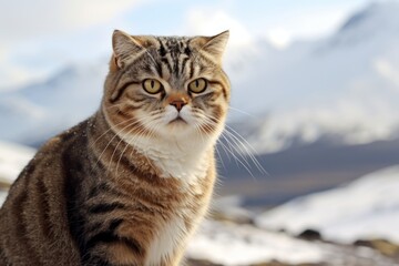 Portrait of a funny scottish fold cat over snowy mountain range
