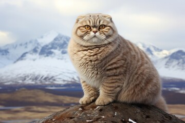 Obraz premium Portrait of a funny scottish fold cat in snowy mountain range