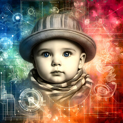 Baby Portrait in Hat: A Journey from Weathered Wall to Holographic Future