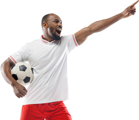 African-American man, soccer player expressing emotions isolated on transparent background. Motivated athlete. Concept of sport, competition, tournament, hobby, active lifestyle © master1305