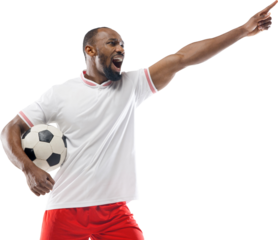 African-American man, soccer player expressing emotions isolated on transparent background. Motivated athlete. Concept of sport, competition, tournament, hobby, active lifestyle