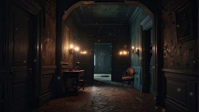 A dark hallway with a wooden floor and two sconces on the wall. There is a table with a lamp on it in the middle of the hall. At the end of the hall is a slightly ajar door with lightthrough 