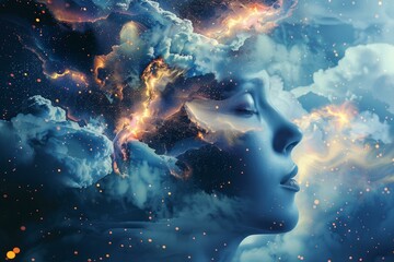 Artistic representation of a woman with celestial elements and stardust, embodying the cosmos
