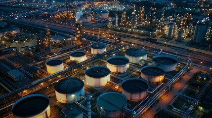 Obraz premium Aerial view of an oil refinery at dusk, lights illuminating the complex infrastructure and storage tanks