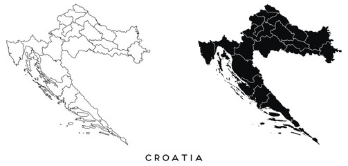 Croatia map of city regions districts vector black on white and outline