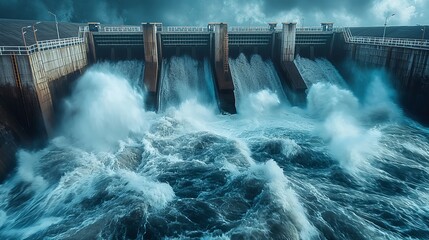 Water rushing through gates at a dam