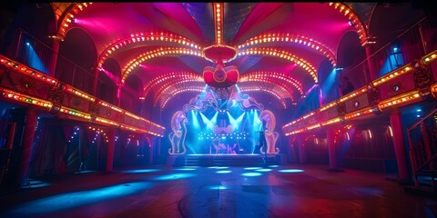 Vibrant circus interior aglow with stunning lights during a spectacular performance. Concept Circus Decor, Spectacular Lights, Vibrant Atmosphere, Theatrical Performances, Entertainment Spectacle