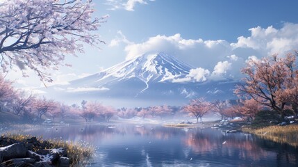 Cherry Blossoms In Foreground With Snowy Mount Fuji And Clouds