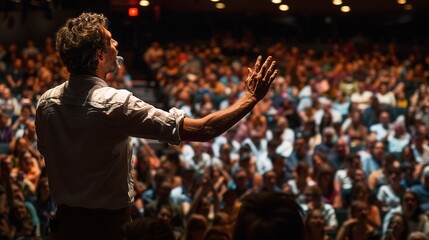 A politician's back as they face a hopeful crowd on election day. Vote, US presidential election campaign concept