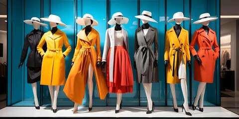 Eyecatching fashion store window display with stylish mannequins showcasing unique designs. Concept Fashion Merchandising, Stylish Mannequins, Unique Designs, Window Display, Eye-Catching