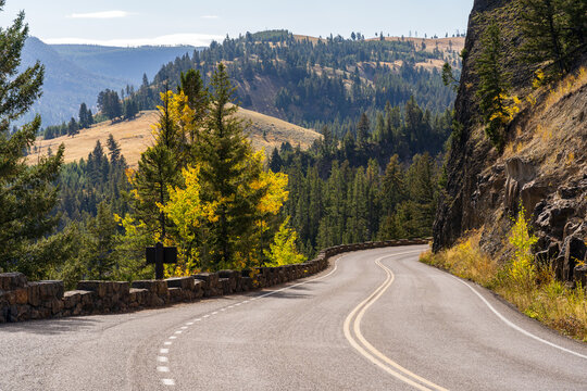 View from Dunraven Pass and Mount Washburn in Yellowstone National Park on a sunny fall day
