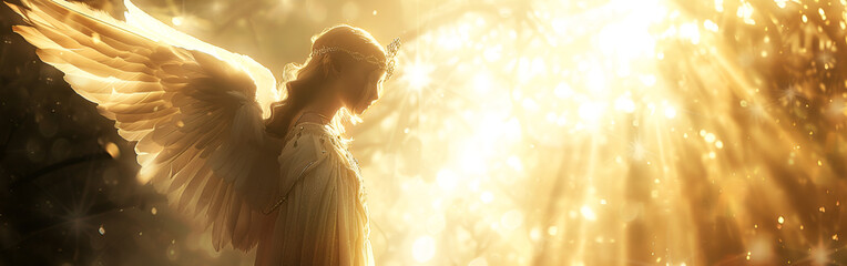 Angel magnificent illustration photos with big pair of wings and bright halo golden light on background
