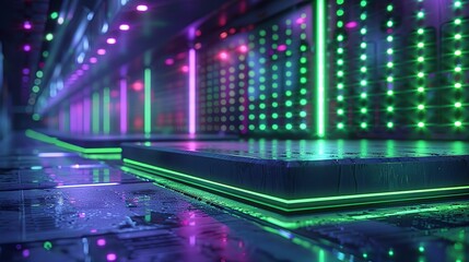 Fototapeta premium A sleek, rectangular podium with a matte black finish, highlighted by vibrant green and purple cyberpunk lights, placed in a sleek, futuristic environment. Minimal and Simple style