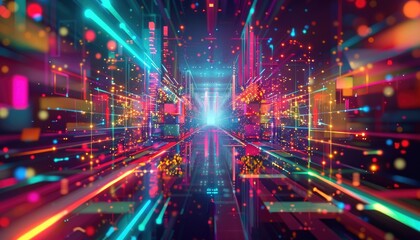 A colorful, neon-lit tunnel with a bright light at the end by AI generated image