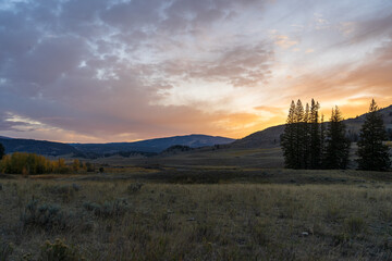 Obraz premium Sunset in the Lamar Valley in Yellowstone National Park in Montana and Wyoming on a beautiful fall evening. Sun sets over the mountains and sagebrush with a colorful sky illuminating the landscape.