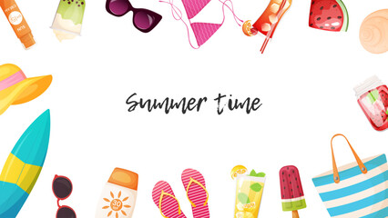 Summer holiday elements frame.  Summer sale, discount banner template