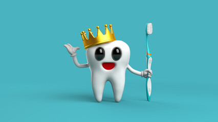 Happy tooth character with crown and toothbrush isolated on blue background 3D illustration
