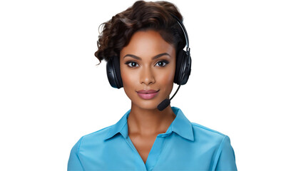 Portrait of smiling call center operator worker wearing headset, service representative, isolated on transparent background