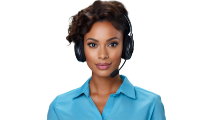 Portrait of smiling call center operator worker wearing headset, service representative, isolated on transparent background