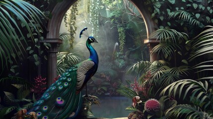 tropical leaves greenery with green leaves and colorful peacock birds over black background © neirfy