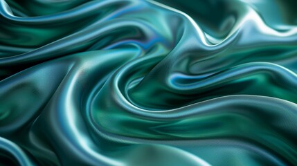 A modern, abstract fabric design with swirling lines and curves in vibrant, metallic colors like emerald green and royal blue, creating a beautiful and shiny background. Minimal and Simple style