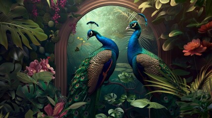 tropical leaves greenery with green leaves and colorful peacock birds over black background