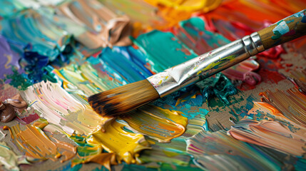 Fototapeta premium Creative Burst: Close-Up of an Artist's Paintbrush on a Vibrant, Colorful Palette with Abstract Strokes in the Background