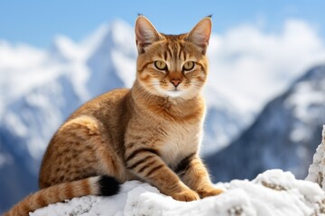 Obraz premium Portrait of a smiling chausie cat isolated in snowy mountain range