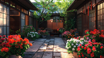 Japanese courtyard with stunning flowers and serene garden views, perfect for a peaceful escape.