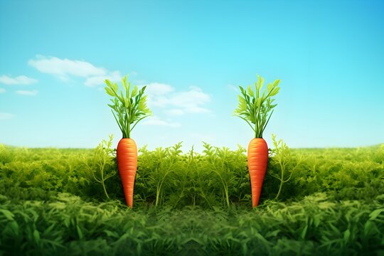 Vibrant Carrot Patch Flourishing in Verdant Field with Bright Blue Sky and Wispy Clouds
