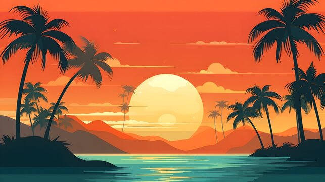 Vibrant Tropical Sunset Over Tranquil Ocean with Swaying Palm Trees
