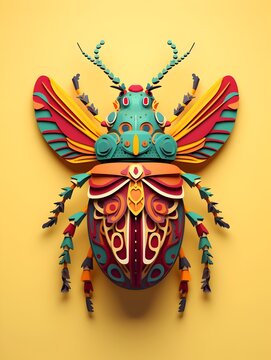 Vibrant Triadic Insect Design in 3D Rendered Abstract Garden