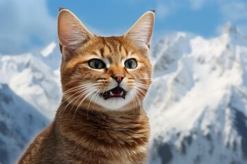 Obraz premium Portrait of a smiling chausie cat while standing against snowy mountain range