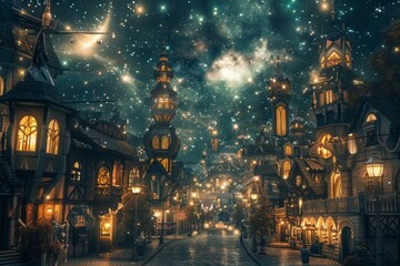 Obraz premium Fantasy medieval village illuminated at night under a magical starry sky, with glowing lights and cobblestone streets