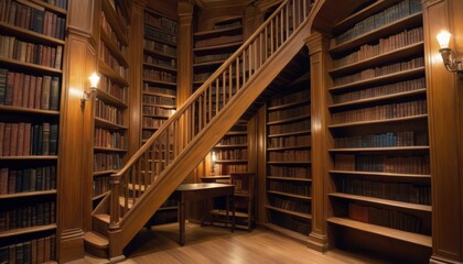 A grand wooden staircase winds through a private library, rich with books and a sense of history.