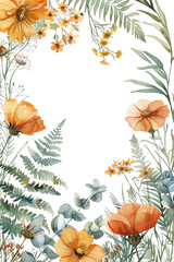 A vibrant floral frame with orange flowers and green leaves, perfect for adding a touch of nature to your designs.