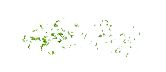 Dry parsley pile isolated. Crushed cilantro leaves heap, dried garden parsley, chervil flakes,...