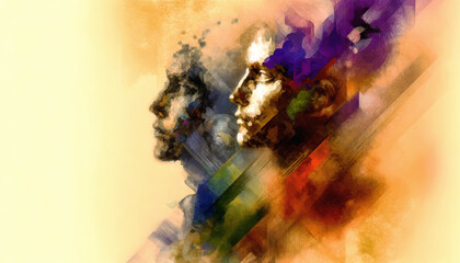 Abstract painting of two human faces in profile, blending into colourful, fragmented brushstrokes on a light background, conveying emotion and depth.