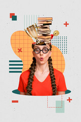 Vertical photo collage of astonished nerd girl wear glasses head hole book stack contest prize...