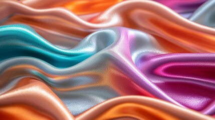A beautiful fabric pattern with smooth, wavy lines in vibrant, metallic colors like fuchsia, teal, and orange, creating a shiny and attractive background. Minimal and Simple style