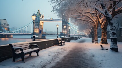 The historical Tower Bridge is captured in this serene winter scene, covered in snow with a quiet,...
