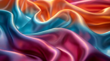 A beautiful fabric pattern with smooth, wavy lines in vibrant, metallic colors like fuchsia, teal, and orange, creating a shiny and attractive background. Minimal and Simple style