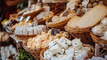 Homemade dairy products on a market counter. Selective focus.