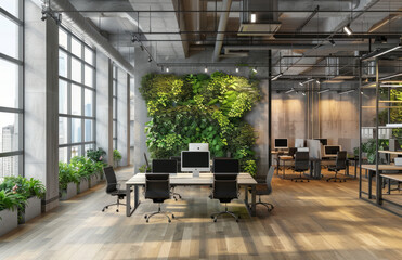 A modern office space with an industrial design theme, featuring gray walls and black metal accents. Created with Ai - Powered by Adobe