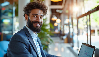 a close-up image of a multiracial mid-adult businessman with a beard, standing and smiling while scrolling through data on his laptop in a bright and modern office space, wearing a