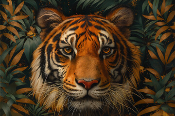 Art Nouveau image of a Bengal tiger surrounded by flowers. The animals are beautiful, highlighted by their piercing gaze and distinctive stripes.